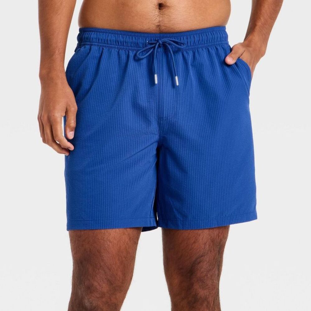 Men's 7'' Swim Trunks with Boxer Brief Liner - Goodfellow & Co Blue Stripe XL